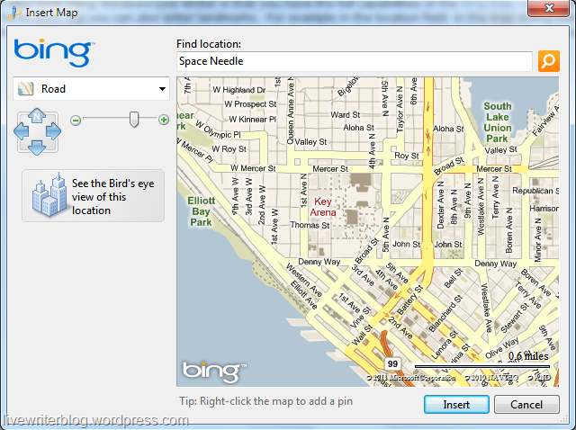Live Writer Bing map dialog