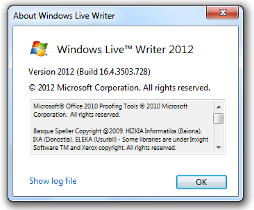 Windows Live Writer 2012 About box